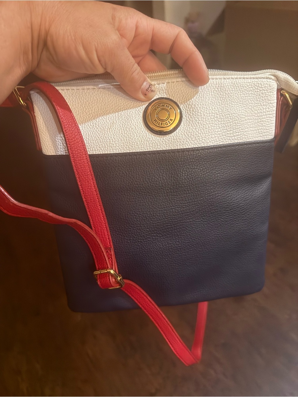 Tommy Hilfiger Navy, White & Red Pebbled Crossbody